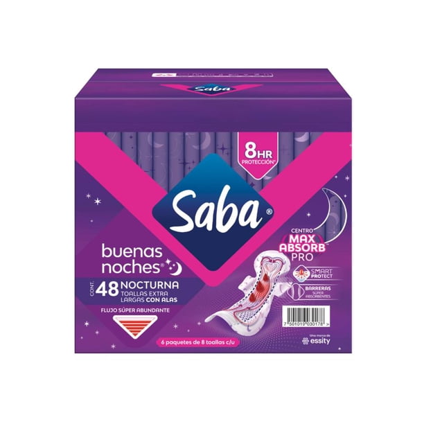 Toallas Femeninas Saba Nocturna Extra Larga con Alas 48 pzas