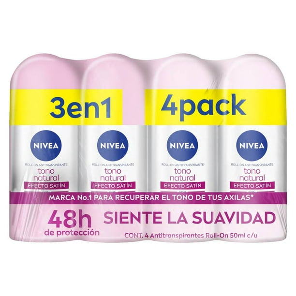 Antitranspirante Roll On Nivea Aclarado Efecto Satín 4 pzas de 50 ml c/u