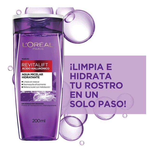 Agua micelar L'Oréal Revitalift hidratante ácido hialurónico 200 ml
