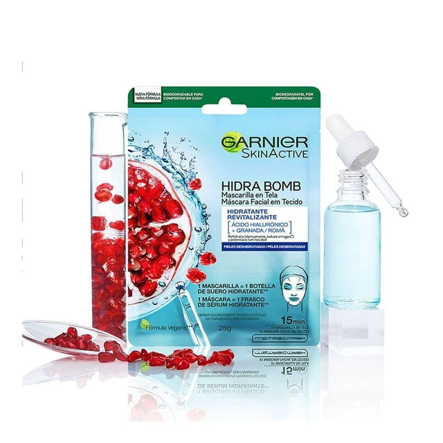 Mascarilla facial Garnier Skin Active en tela hidra bomb granada más ácido hialurónico revitalizante 28 g