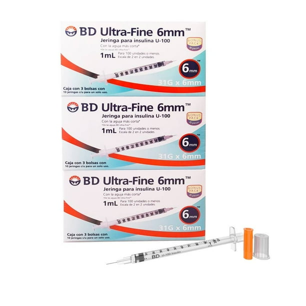 Jeringa para insulina BD Ultra-Fine 1 ml 31 g x 6 mm con 3 cajas de 30 pzas c/u
