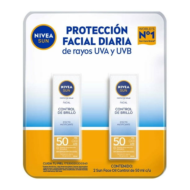 Protector Solar Facial Nivea Sun Control de Brillo Efecto Mate FPS50+ 2 pzas de 50 ml c/u