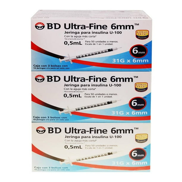 Jeringa para Insulina BD 0.5 ml 31 g x 6mm 3 cajas con 30 pzas c/u