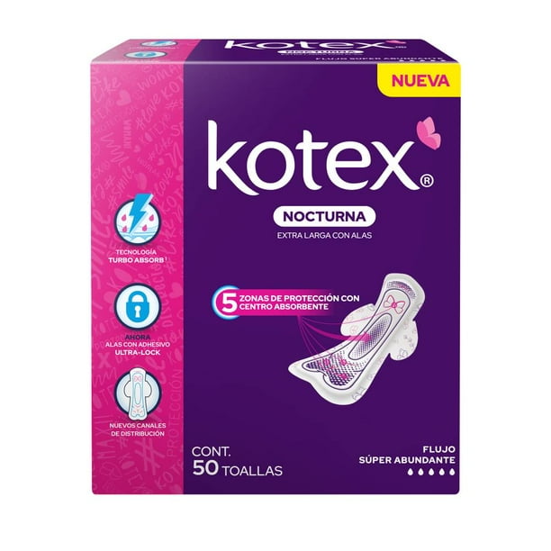 Toallas Femeninas Kotex Nocturna extralarga con Alas 50 pzas