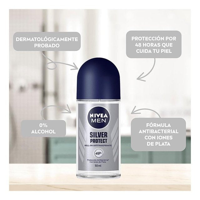 Antitranspirante NIVEA MEN silver ptorect antibacterial roll on 50 ml