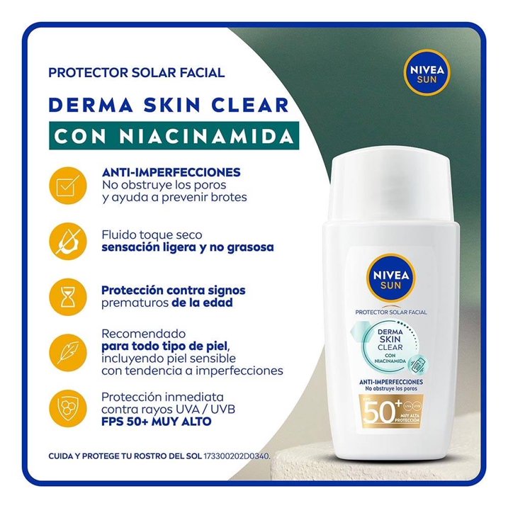 Protector solar facial Nivea Derma skin clear Fluido con niacinamida FPS50 40ml