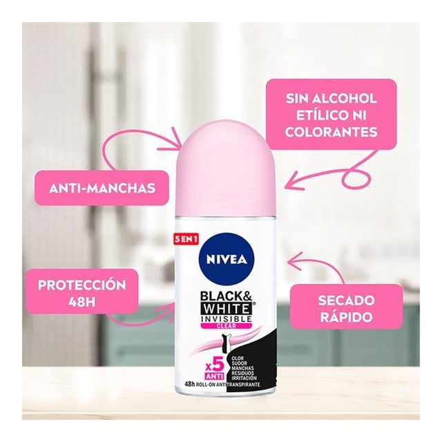 Antitranspirante NIVEA Black & White invisible black & white clear roll on 50 ml