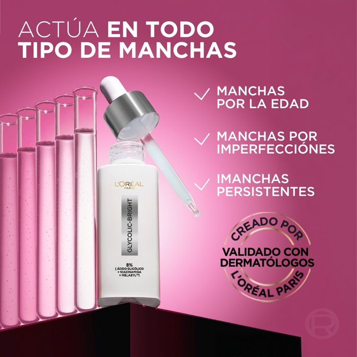 Sérum facial Loreal Paris Glycolic Bright antimanchas ácido glicólico, niacinamida 30 ml